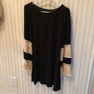 Black Jersey dress with fringe Bell sleeves